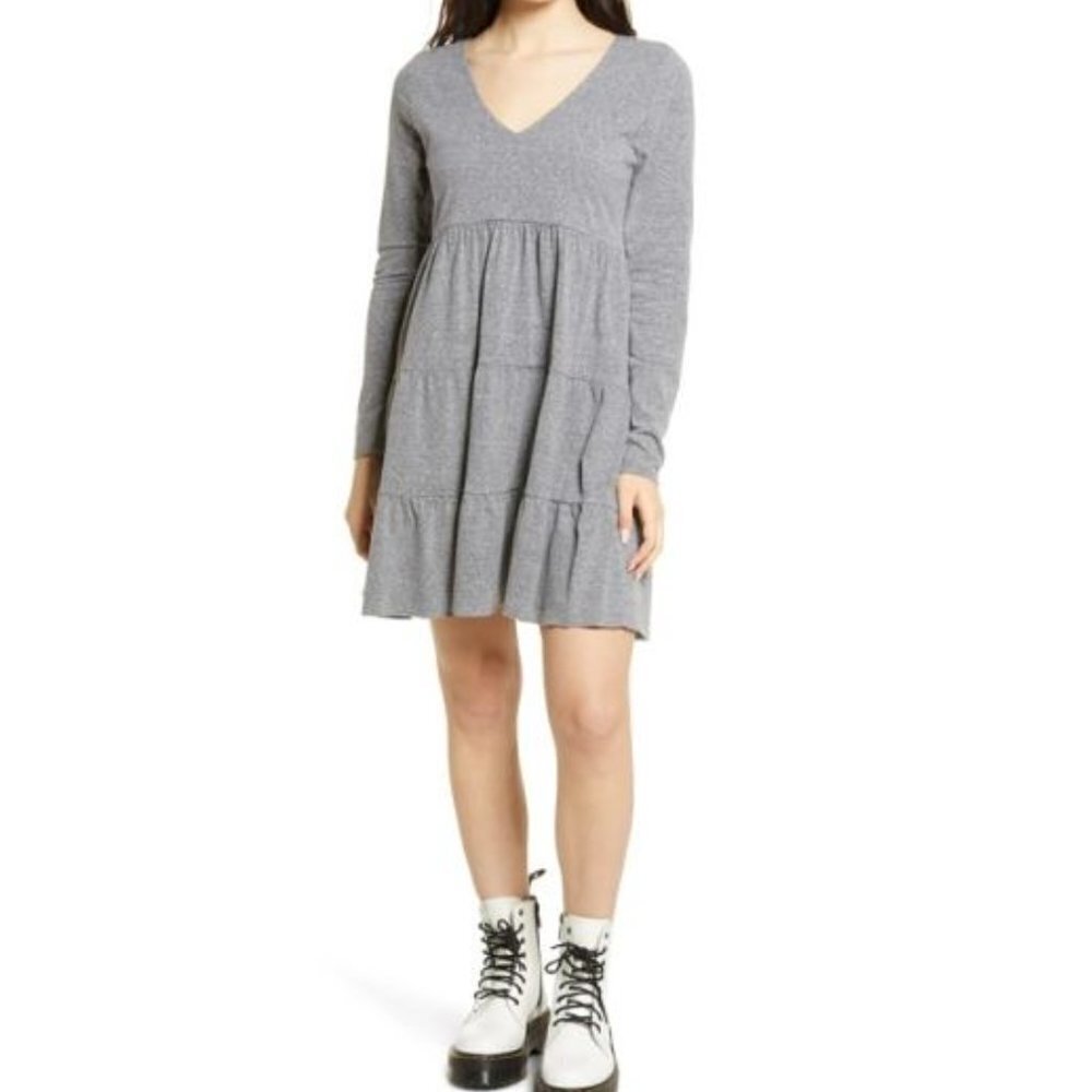 New Bp Gray Solid V Neck Tiered Long Sleeve Mini Casual Dress Small